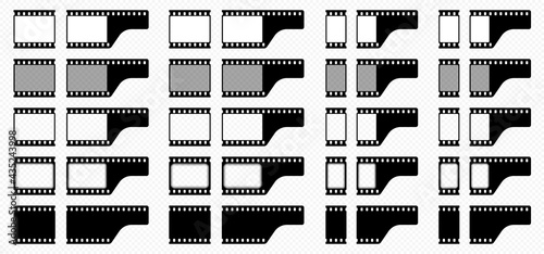 One frame for creating seamless film and a final frame element with the end of the film. Black-white silhouette of an empty film and with frames. Rounded and straight picture frames. Vector