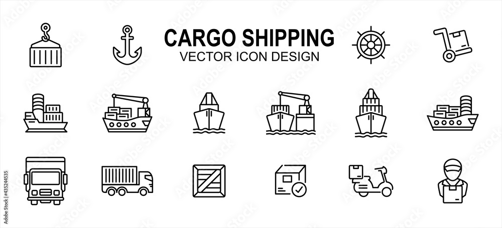 cargo shipping delivery expedition related vector icon user interface graphic design. Contains such icons as ship, vessel, anchor, ship steering wheel, cargo ship, truck, pallet box, harbor loading cargo shipping delivery expedition related vector icon user interface graphic design. Contains such icons as ship, vessel, anchor, ship steering wheel, cargo ship, truck, pallet box, harbor loading