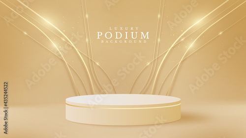 Realistic cream color product podium with golden lines sparkle. Luxury 3d style background concept. Vector illustration for promoting sales and marketing.