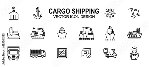 cargo shipping delivery expedition related vector icon user interface graphic design. Contains such icons as ship, vessel, anchor, ship steering wheel, cargo ship, truck, pallet box, harbor loading