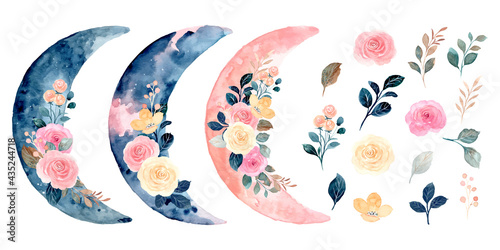 Watercolor bouquet collection of roses and crescent moon