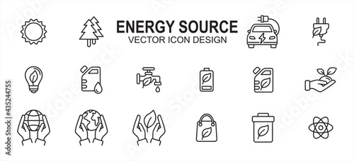 Energy miscellaneous source related vector icon user interface graphic design. Contains such icons as solar, tree, electric, renewable electric, water, fossil, oil, nature, earth, nuclear, compost