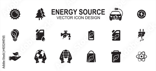 Energy miscellaneous source related vector icon user interface graphic design. Contains such icons as solar, tree, electric, renewable electric, water, fossil, oil, nature, earth, nuclear, compost