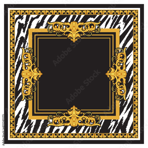 Design of silk scarf with golden rococo elements and animal skin