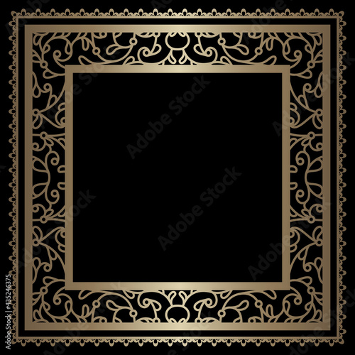 Vintage gold square frame with lace border pattern on black background. Golden floral ornament. Ornate trim decoration for book cover or picture frame design. 