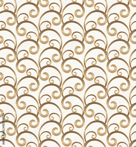 Vintage gold scroll pattern with floral swirls in rococo style. Golden seamless texture on white background. 