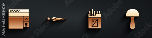 Set Buying drugs online, Marijuana joint, Open cigarettes pack box and Psilocybin mushroom icon with long shadow. Vector
