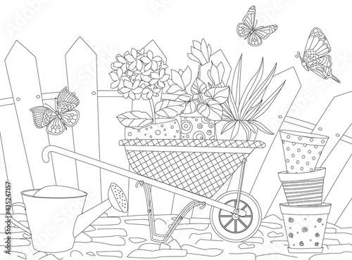 hoseplants in wheelbarrow, stack of flowerpots and watering can