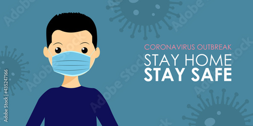 Coronavirus outbreak. stay home stay safe. Young man wearing mask to protect from COVID-19 and other infections.