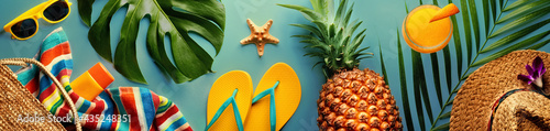 Summer concept with pineapple and essentials of traveler, vocation background with beach items