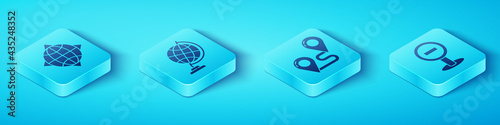 Set Isometric World globe with compass, Earth globe, Stop sign and Route location icon. Vector