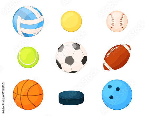 Vector set of sports balls. Collection of sports equipment in cartoon style. Insulated on white background 