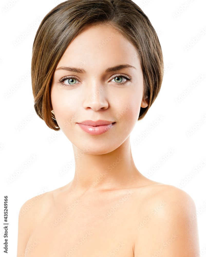 Fototapeta premium Beautiful face of young adult woman with clean fresh skin. Fashion Model Girl Face. Perfect Skin. Professional Makeup.