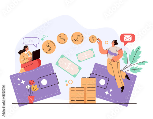 Money electronic digital online internet transfer from wallet to wallet concept. Vector flat cartoon modern style graphic illustration