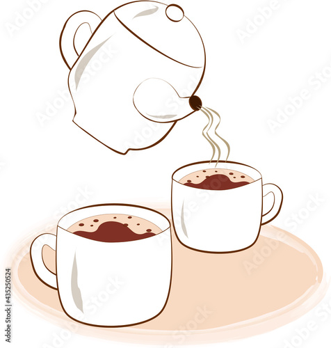Two cups with coffee and coffeepot . Vector illustration.