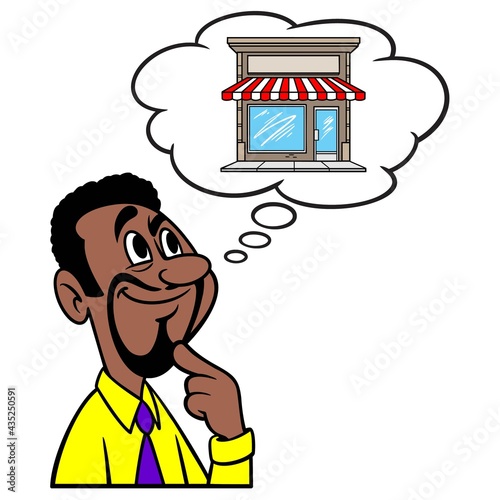 Man thinking about starting a Business - A cartoon illustration of a man thinking about starting a new Business.