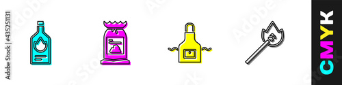 Set Tabasco sauce, Barbecue coal bag, Kitchen apron and Burning match with fire icon. Vector