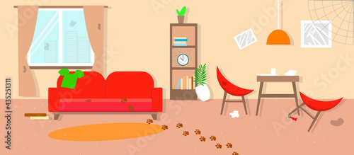 Dirty living room in beige color before cleaning. Tiding service. Flat style. Vector stock illustration