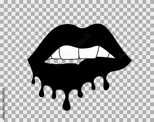 Bitting black lips with dripping paint. Vector illustration on transparent background
