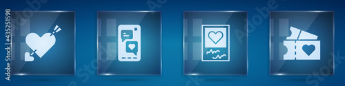 Set Amour with heart and arrow, Mobile, Photo frames hearts and Love ticket. Square glass panels. Vector