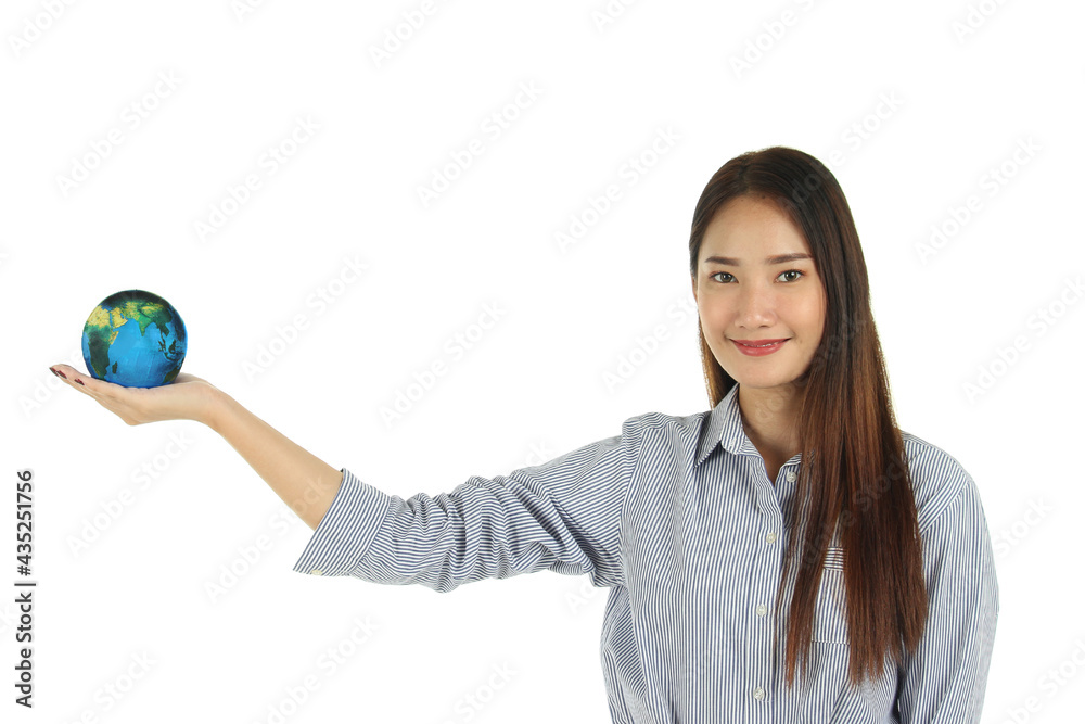 Portrait of smiling young beautiful Asian woman with long dark brown hair holding earth globe isolated on white background. Portrait of smiling young beautiful Asian woman with long dark brown hair holding earth globe isolated on white background.