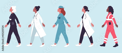 Horizontal vector illustration with female team, group of women at work, workers in the health sector, including doctor, surgeon, nurse, assistant. Concept for gender equality, multiculturalism.