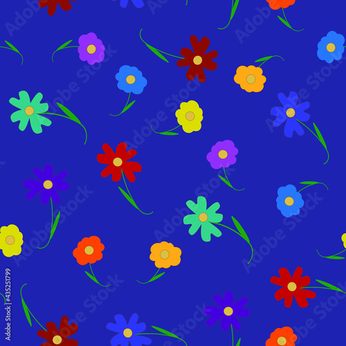 Floral seamless pattern with bright shades on a purple background. Spring bloom elements. For textiles, wallpapers, backgrounds and postcards.