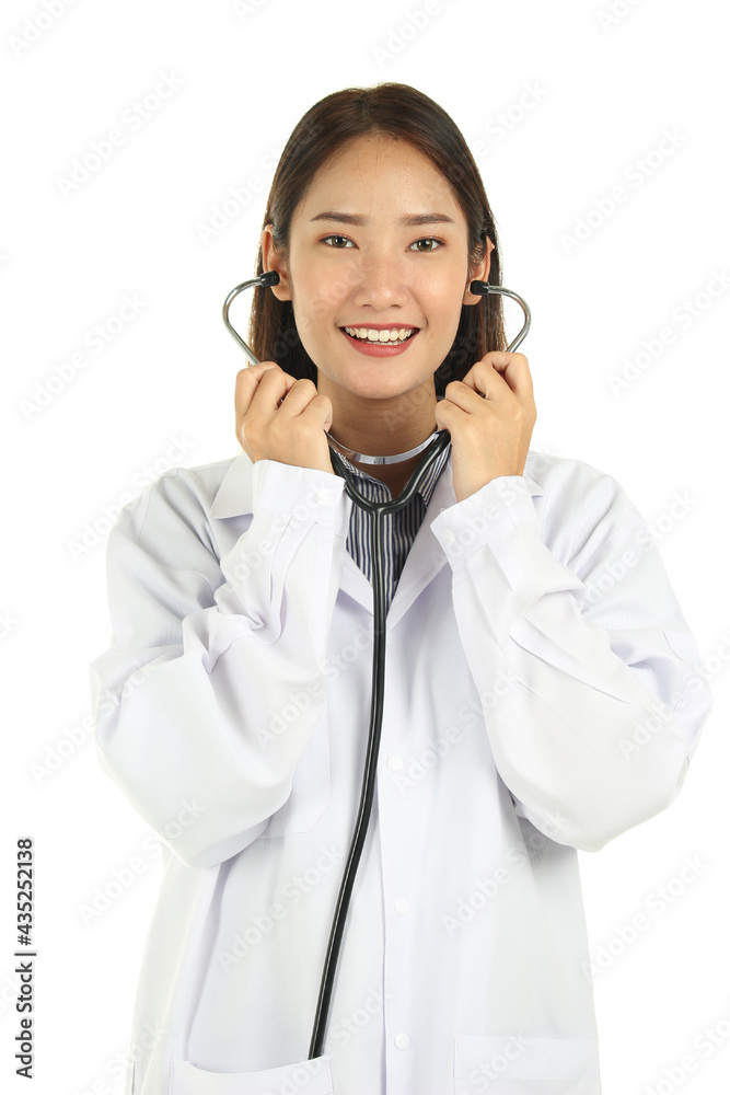 Portrait of smiling young beautiful Asian female medical doctor in lab coat holding stethoscope isolated on white background. Portrait of smiling young beautiful Asian female medical doctor in lab coat holding stethoscope isolated on white background.
