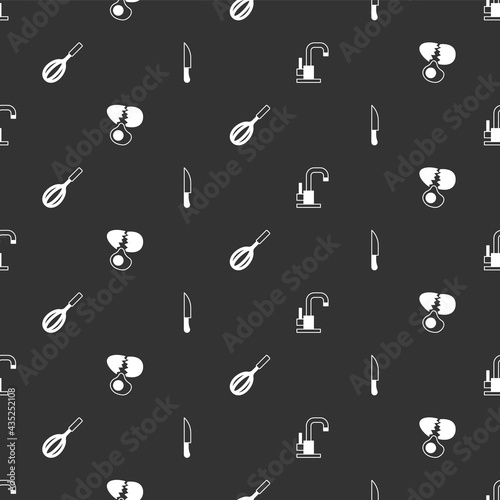 Set Water tap, Broken egg, Kitchen whisk and Knife on seamless pattern. Vector