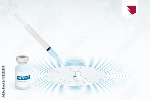 COVID-19 vaccination in Qatar, coronavirus vaccination illustration with vaccine bottle and syringe injection in map of Qatar.
