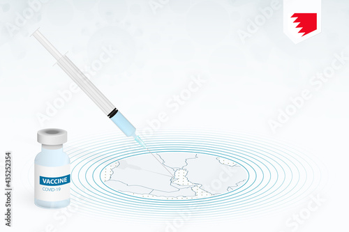 COVID-19 vaccination in Bahrain, coronavirus vaccination illustration with vaccine bottle and syringe injection in map of Bahrain.