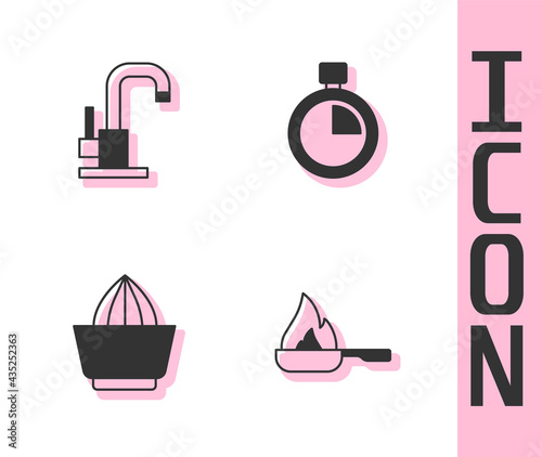 Set Frying pan, Water tap, Citrus fruit juicer and Stopwatch icon. Vector
