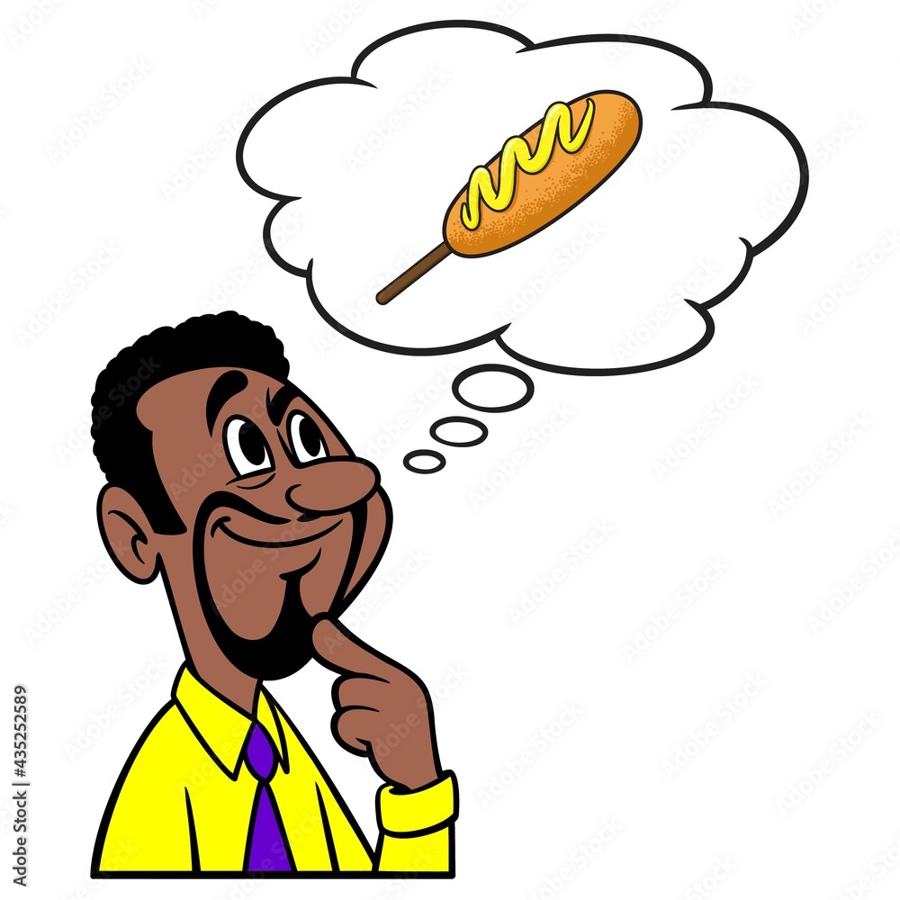 Man thinking about a Corn Dog - A cartoon illustration of a man thinking about a Corn Dog for lunch. Man thinking about a Corn Dog - A cartoon illustration of a man thinking about a Corn Dog for lunch.