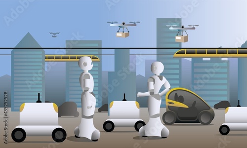 AI robots and Autonomous Delivery Vehicles. Drones for light, quick deliveries,  robots for last-mile,  driverless car, monorail. 5G technology for future smart city. photo
