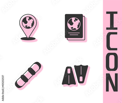 Set Rubber flippers for swimming, Location on the globe, Snowboard and Passport icon. Vector