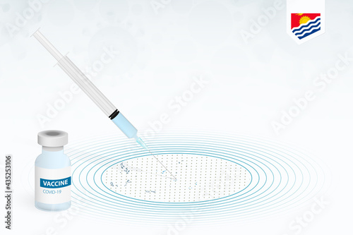 COVID-19 vaccination in Kiribati, coronavirus vaccination illustration with vaccine bottle and syringe injection in map of Kiribati.
