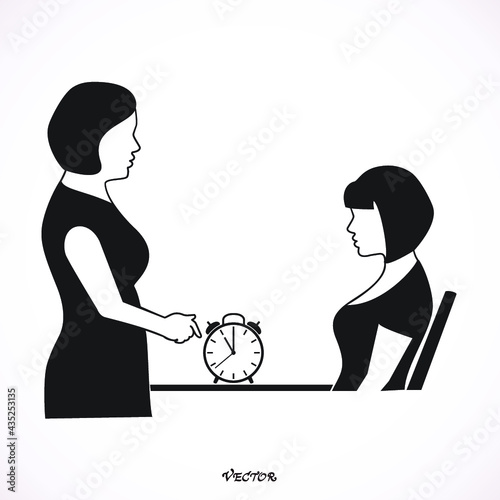 mother warn her daughter for being late, isolated on white. Vector illustration. Icon Isolated on White Background. Black flat style.