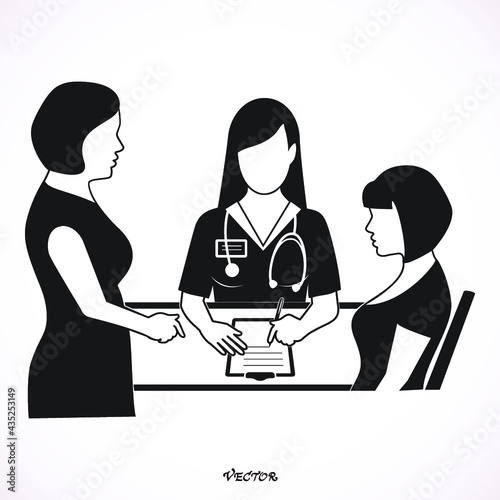 Mother and teen daughter in family counseling. Doctor advises woman patient and showing prescription. Doctor Icon Isolated on White Background. 