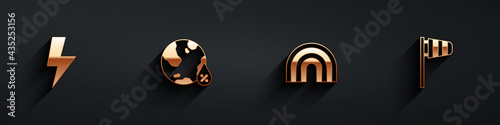 Set Lightning bolt, Water drop percentage, Rainbow and Cone windsock wind vane icon with long shadow. Vector