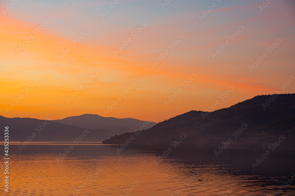 Sunset at Danube gorge in Djerdap on the Serbian-Romanian border