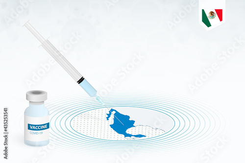 COVID-19 vaccination in Mexico, coronavirus vaccination illustration with vaccine bottle and syringe injection in map of Mexico.