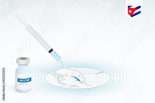 COVID-19 vaccination in Cuba, coronavirus vaccination illustration with vaccine bottle and syringe injection in map of Cuba.