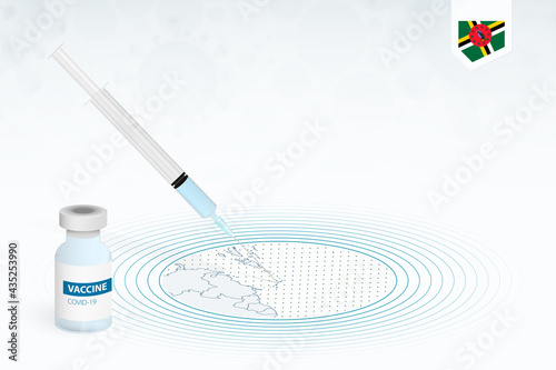 COVID-19 vaccination in Dominica, coronavirus vaccination illustration with vaccine bottle and syringe injection in map of Dominica. photo