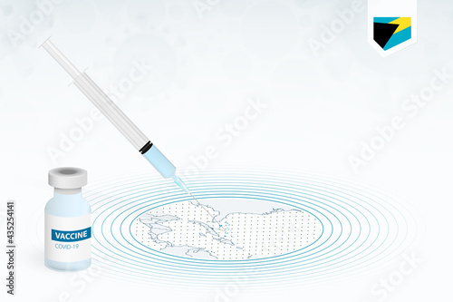 COVID-19 vaccination in The Bahamas, coronavirus vaccination illustration with vaccine bottle and syringe injection in map of The Bahamas.