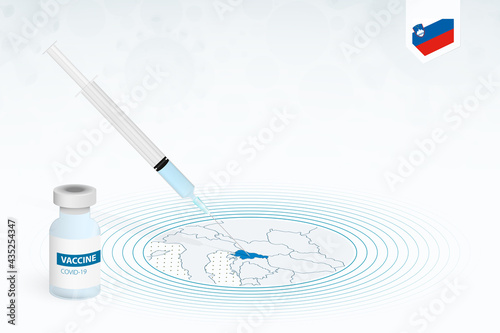 COVID-19 vaccination in Slovenia, coronavirus vaccination illustration with vaccine bottle and syringe injection in map of Slovenia.