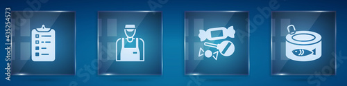 Set Shopping list, Seller, Candy and Canned fish. Square glass panels. Vector