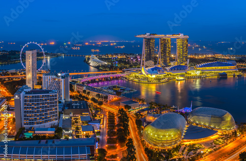 The bird's-eye view at Singapore cityscape around Marina bay and Modern high building in business district area at twilightis one of Singapore's most beautiful highlights. © weerasak