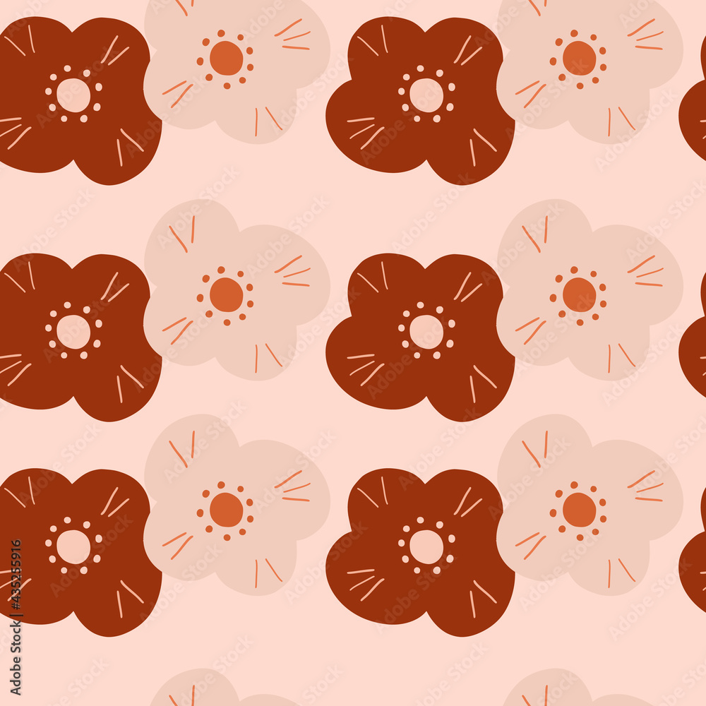 Red and pink colored childish daisy flowers seamless pattern. Pastel background. Scrapbook print.