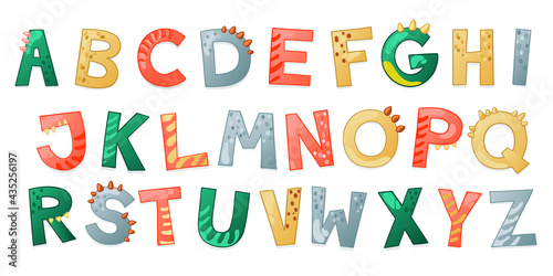 Cartoon cute Dinosaur alphabet. Dino font with letters. Children Vector illustration for t-shirts  cards  posters  birthday party events  paper design  kids and nursery design