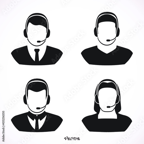 Vector set of call-center operators in headsets. Vector business flat illustration. 